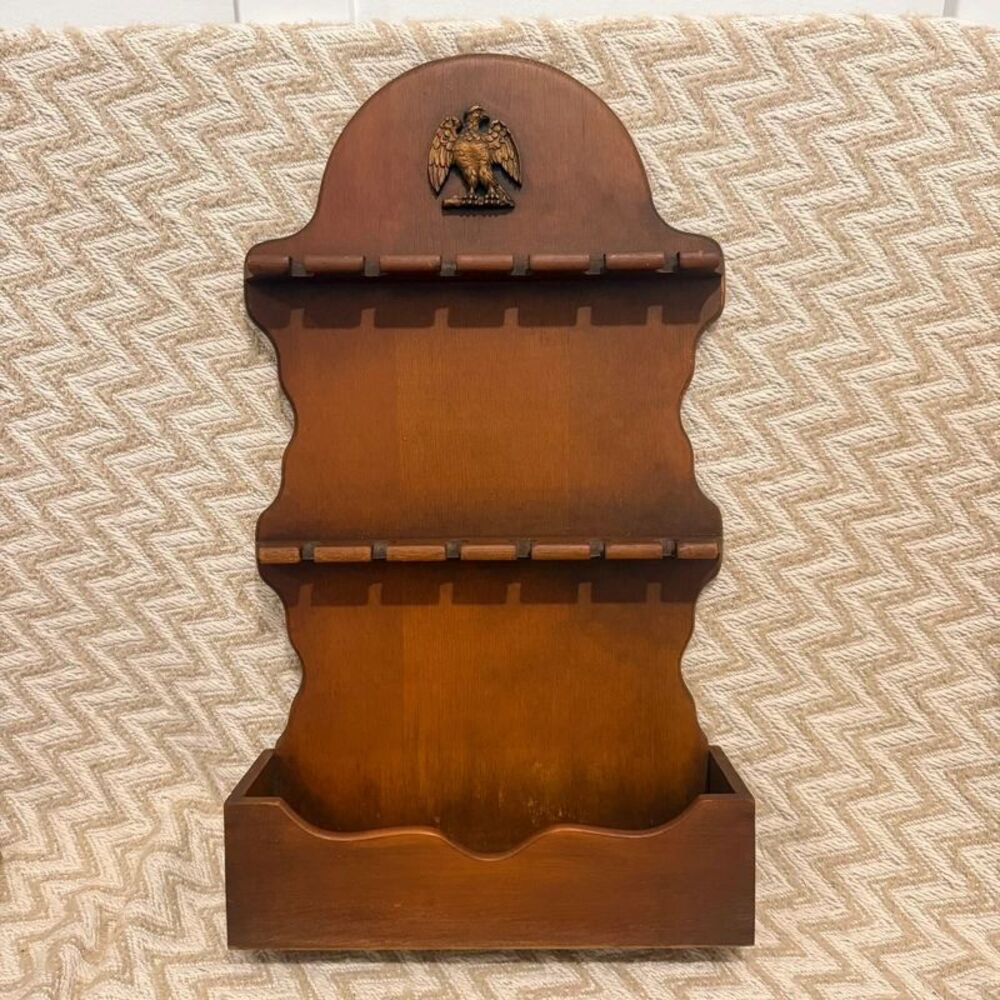 Vintage Wooden Spoon Rack Display With Eagle Emblem